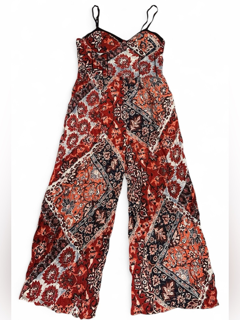 Band of Gypsies Rust Red Patchwork Print Wide-Leg Jumpsuit SZ. Medium